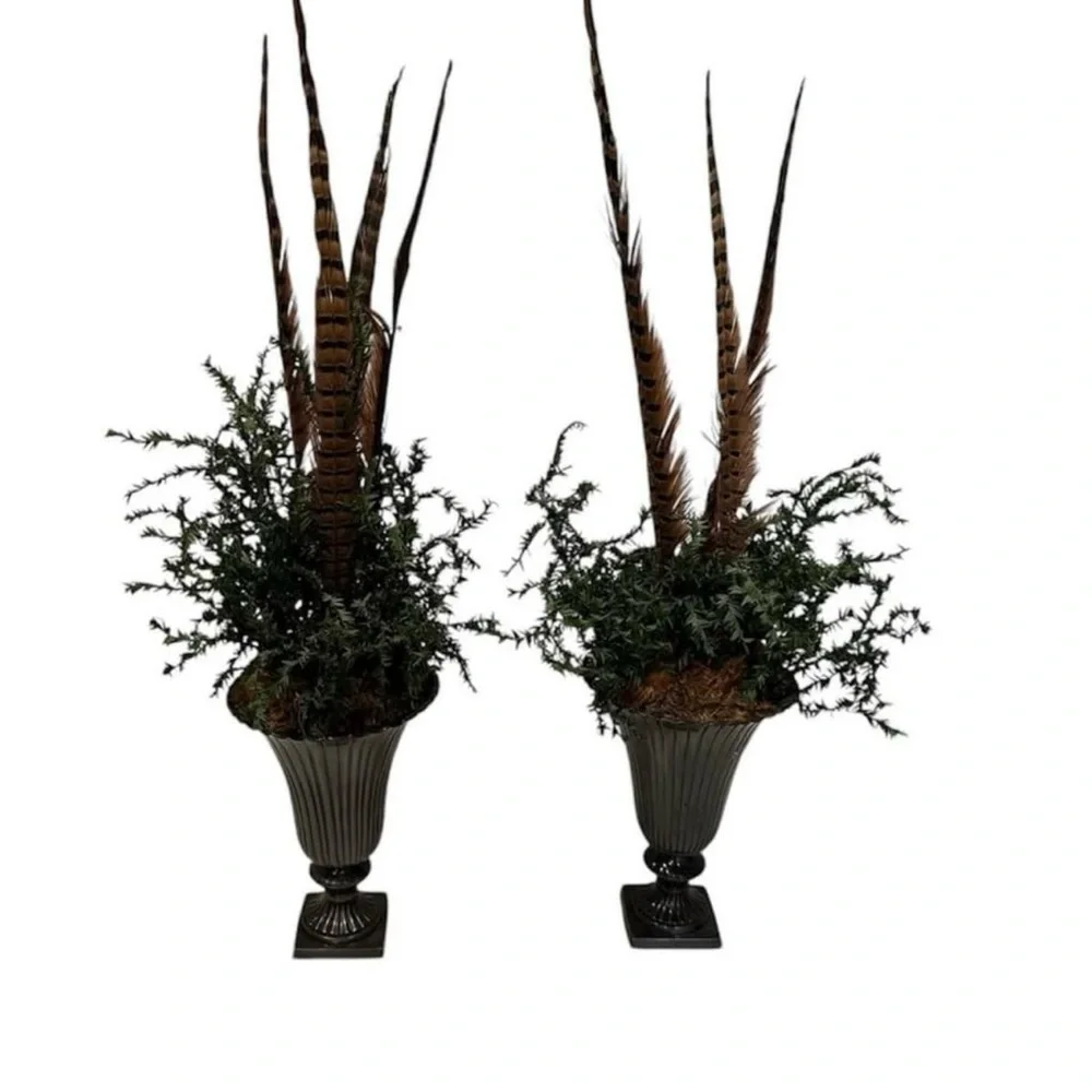 Set 2 Urns Pheasant Feathers Floral Arrangements Large Tabletop Decor Rustic